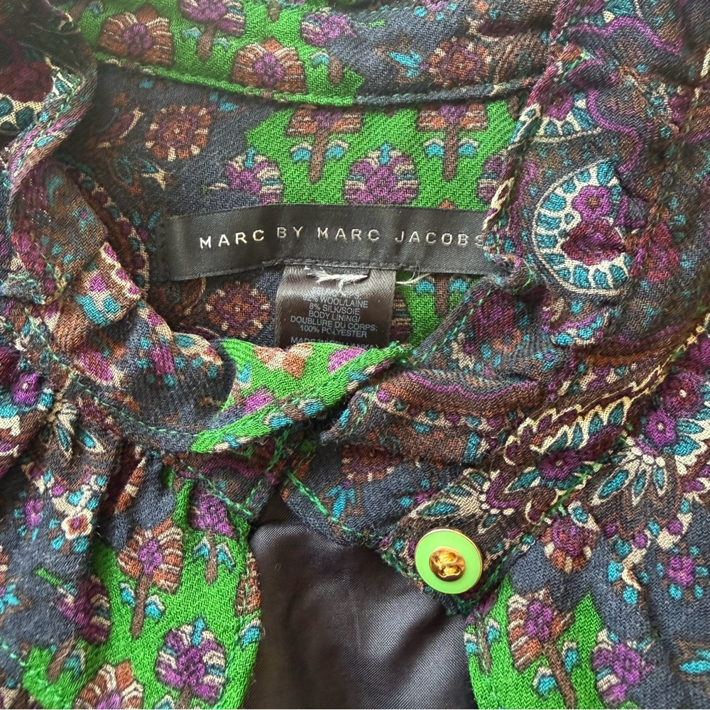 Marc Jacobs Romantic Ruffle Collar Long Sleeve Wool Silk Peacock Paisley Dress L - Picture 2 of 13